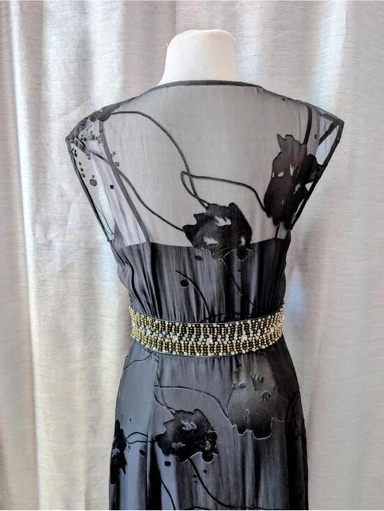 Black Chiffon Burnout Satin Rhinestone Belt Flared Party Dress 4 Black Chiffon Burnout Satin Rhinestone Belt Flared Party Dress 4